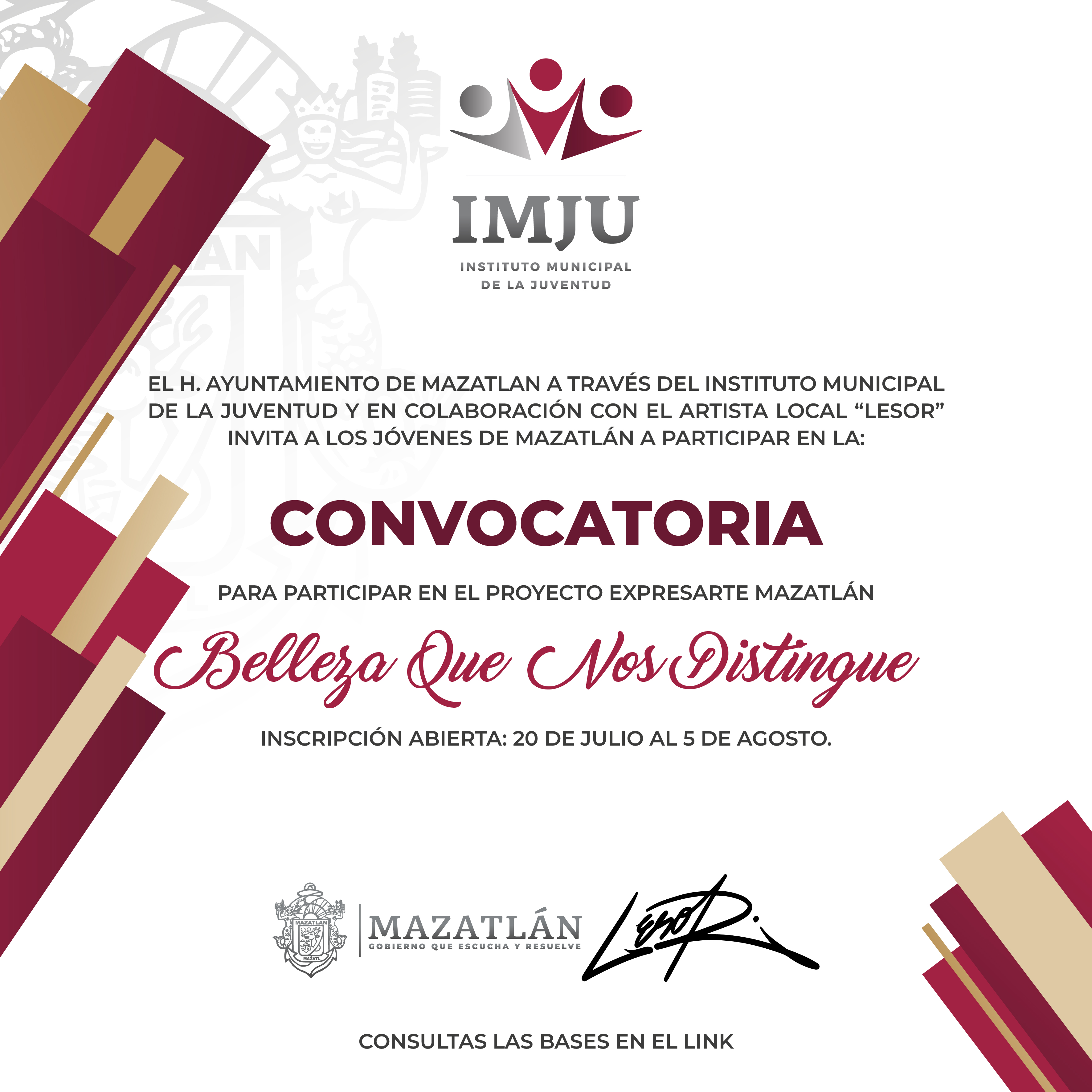 El Gobierno de Mazatlán a través del Instituto Municipal de la Juventud lanza convocatoria para el proyecto “Expresarte Mazatlán, belleza que nos distingue”.